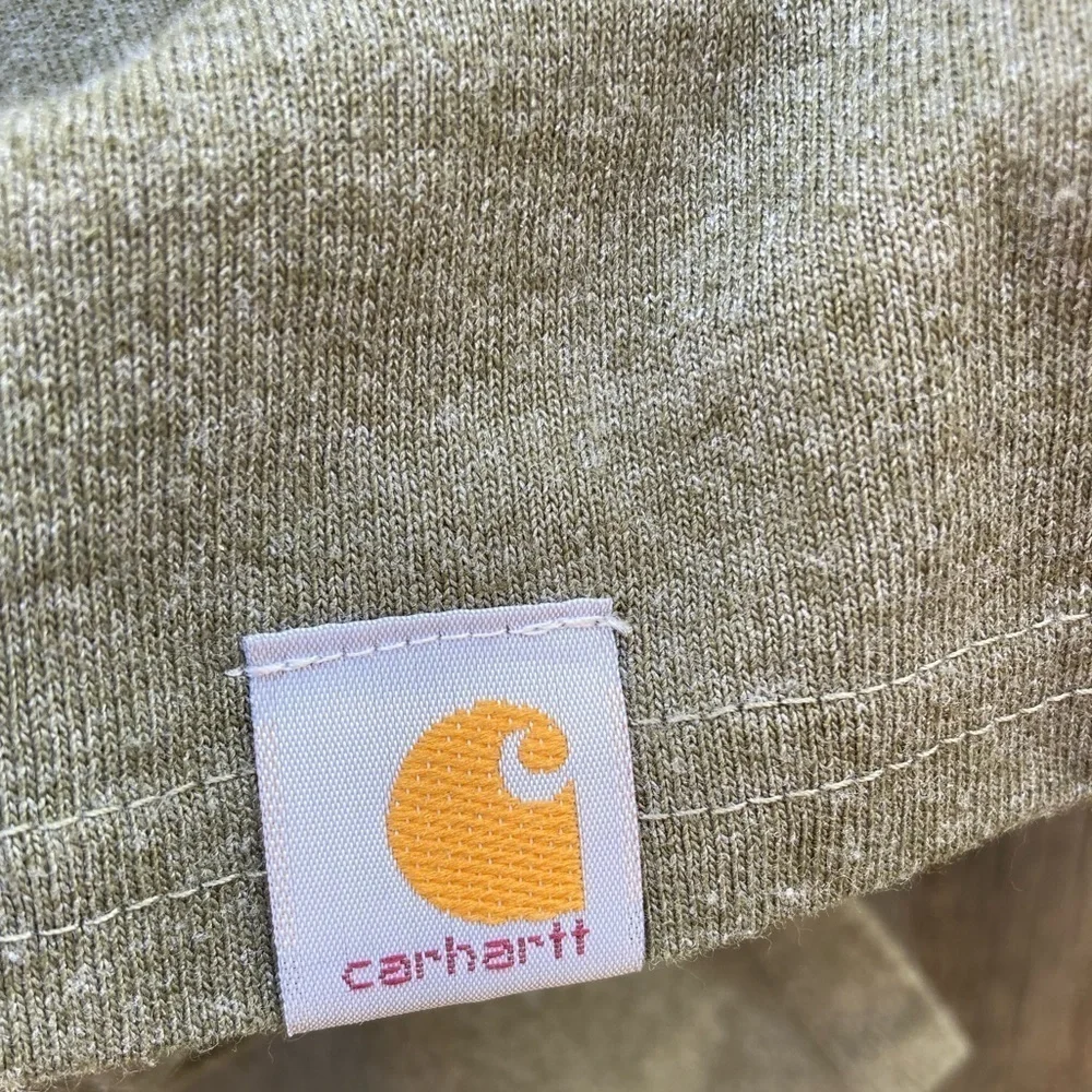 Women's Carhartt T-Shirt Green Spell-Out Cursive S Crew Cotton Pocket Cursive - Picture 5 of 12